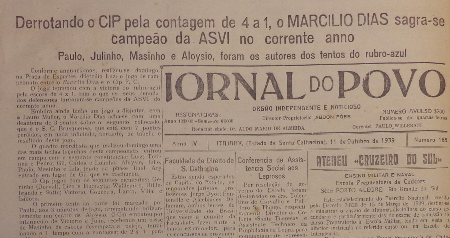 Marcílio Dias campeão do Vale do Itajaí em 1939